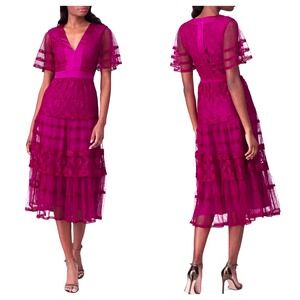 Temperley London Purple Dress Florence Lace Midi Short Sleeve Ruffle Cocktail 6